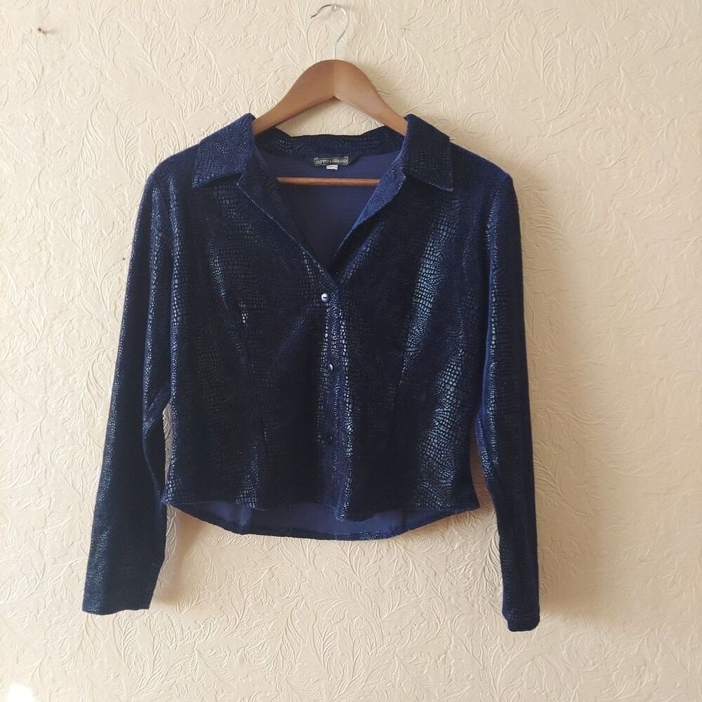 Supply & Demand Vintage Blue Reptile Print Textured Long Sleeve Faux Button Top